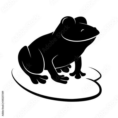 Smiling frog sitting on a Lily leaf. Black silhouette logo or icon. Vector illustration isolated on a white background