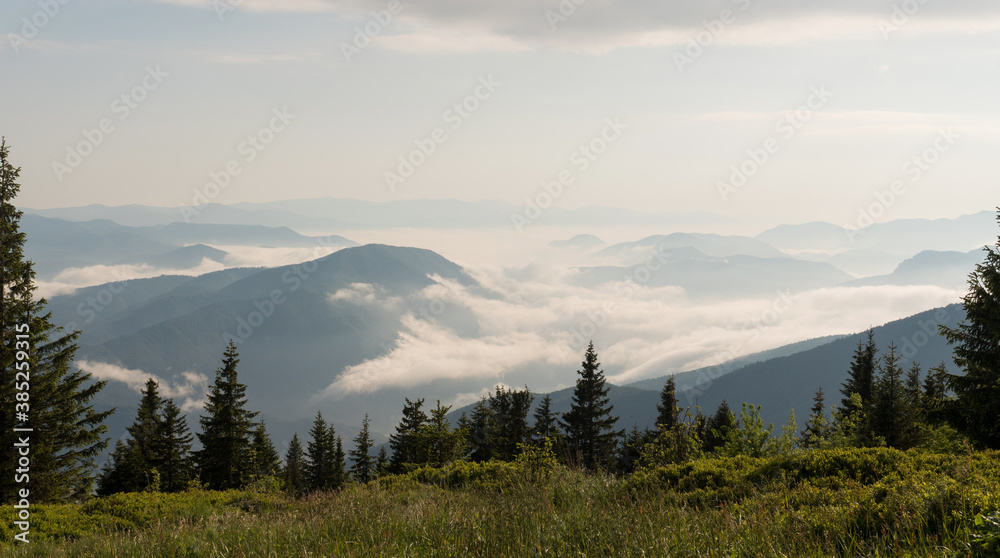Stunning morning landscape view of the fog river flowing by the valley between the mountains. Mala Fatra mountains, Slovak Republic.