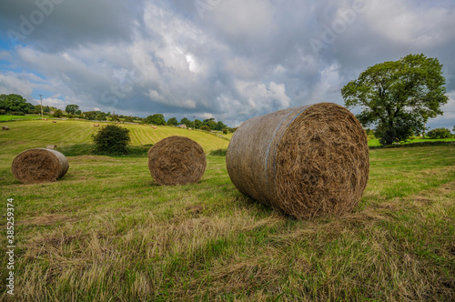 Hay bales in a green field with wheat fields in the background and a stormy sky 