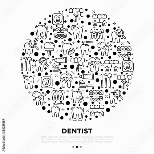 Dentist concept in circle with thin line icons: dental instruments, caries under magnifier, orthodontics, tooth extraction, veneers, tooth whitening, implant, braces, calculus. Vector illustration.