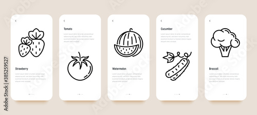 Mobile user interface with fruits and vegetables: strawberry, tomato, watermelon, cucumber, broccoli. Thin line icons. Healthy vegan food. Vector illustration, template, with copy space.