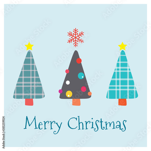 Cute Merry Christmas greeting card with lettering and fun black and blue colorful plaid trees illustration. Vector design elements. Great for stickers, labels, tags, and icons.