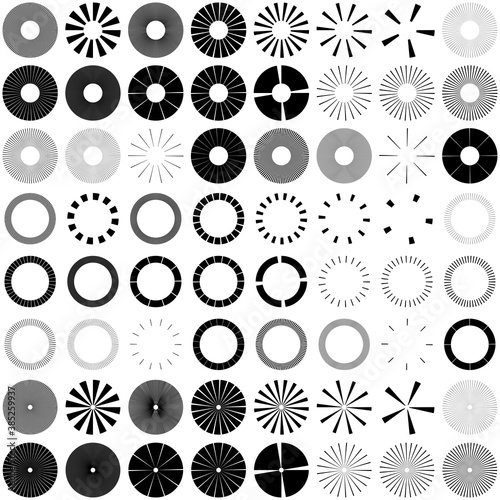 Set of Circular radial, radiating lines, beams, rays. Geometric circle vector illustration. Cyclic loop concentric pattern