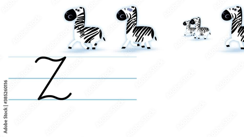 Z letter writing like zebra cartoon animation. A compatibile part of the alphabet serie. Handwriting educational style for children. Good for education movies, presentation, learning alphabet, etc...