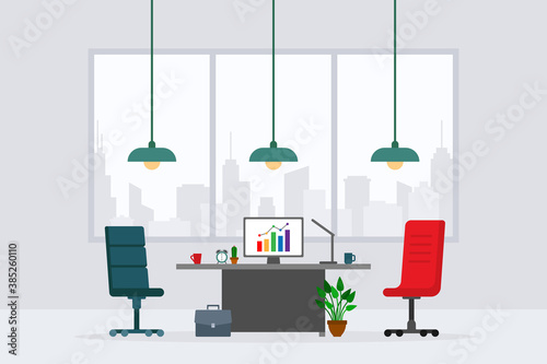 Design of modern empty office working place front view vector illustration. Flat style table, desk, chair, computer, desktop, plant, lamp, briefcase isolated on cityscape background