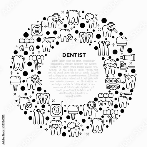 Dentist concept in circle with thin line icons: dental instruments, caries under magnifier, orthodontics, tooth extraction, veneers, tooth whitening, implant, braces, calculus. Vector illustration.
