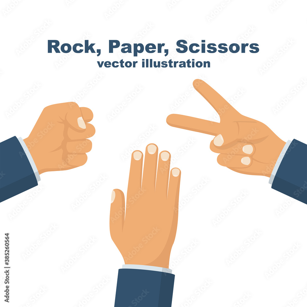 Rock, Scissors, Paper. Hand game. Finger gestures. Vector illustration flat design. Isolated on white background. Fist, palm and two fingers. Rock, Scissors, Paper. Hand game. Finger gestures. Vector illustration flat design. Isolated on white background. Fist, palm and two fingers.