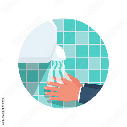 Hand dryer flat icon. Equipment in a public place. Vector illustration cartoon style. Isolated on background of blue tiles in the bathroom. Hygiene and hand washing. Public toilet sign.