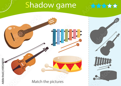 Shadow Game for kids. Match the right shadow. Color images of musical instruments. Guitar, violin, drum and xylophone. Worksheet vector design for children