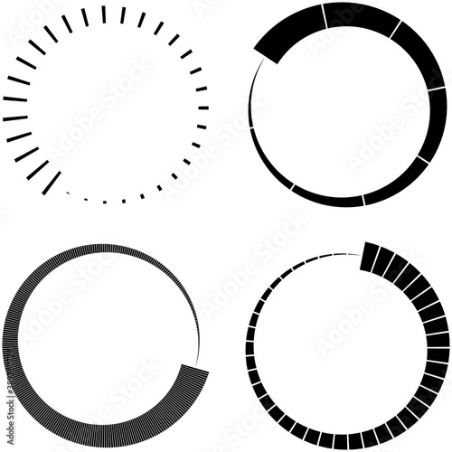 Set of Circular radial, radiating lines, beams, rays. Geometric circle vector illustration. Cyclic loop concentric pattern