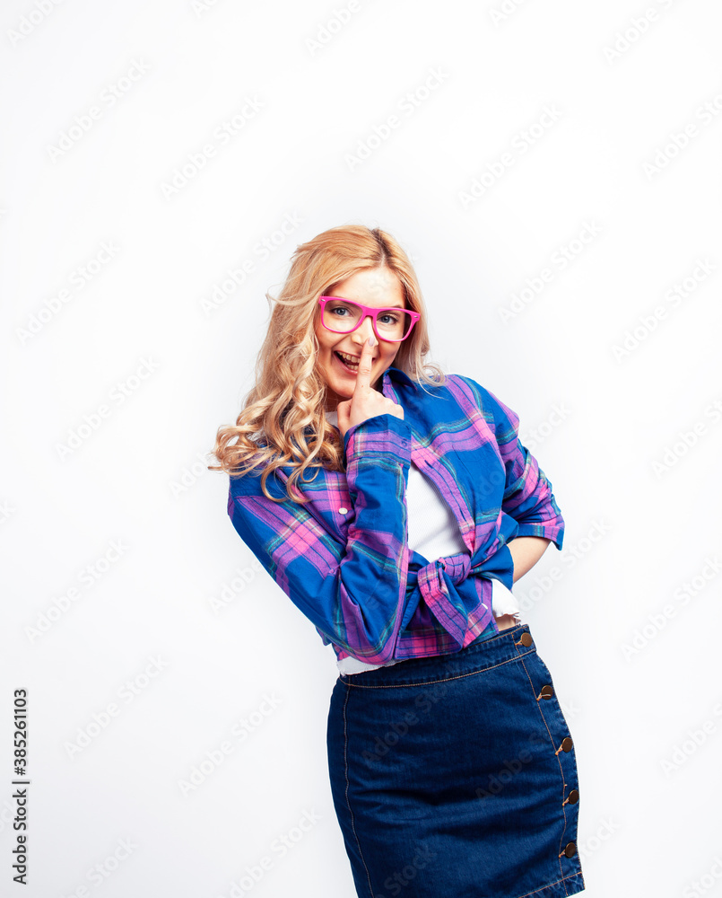 young pretty blond teenage hipster girl in glasses posing emotional happy smiling, gesturing isolated on white background, lifestyle poeple concept young pretty blond teenage hipster girl in glasses posing emotional happy smiling, gesturing isolated on white background, lifestyle poeple concept