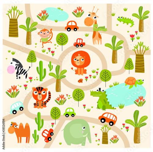 Photography Vector tropical maze with animals in safari park