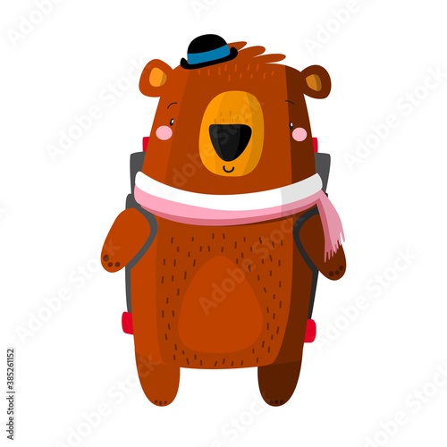Beautiful and funny cartoon traveling bear with big backpack. Vector illustration. Character animal. Children's illustration with hat and scarf. Cute mascot explorer ready to journey.