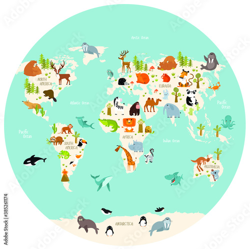 Fototapeta Naklejka Na Ścianę i Meble -  Vector map of the world with cartoon animals for kids. Eurasia, South America, North America, Australia and Africa. 