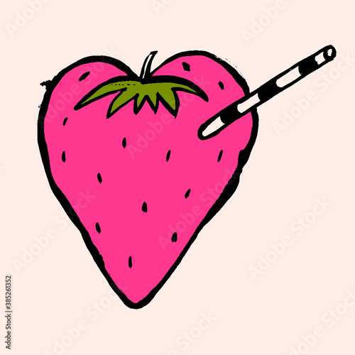 Red berry strawberry and the straw isolated on white background. Vector illustration in flat doodle hand-drawn style. Grunge smoothie icon
