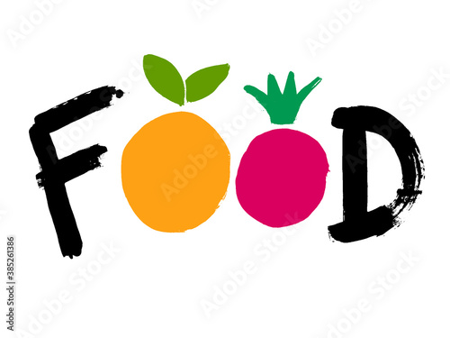 Hand drawn lettering phrase Food for photo overlay, print, banner. Cute doodle grunge style. Yellow and red vegetables for your menu design. Typography drawing.