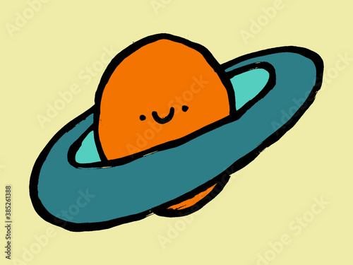 Cute cartoon planet character with face and ring. Emblem, logo, childish design. Hand-drawn doodle icon. Grunge ink colorful drawing.