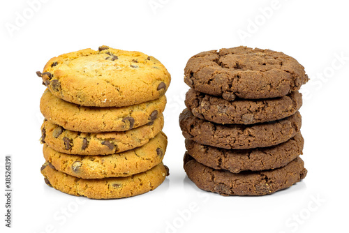 Stacks of different chocolate chips cookies