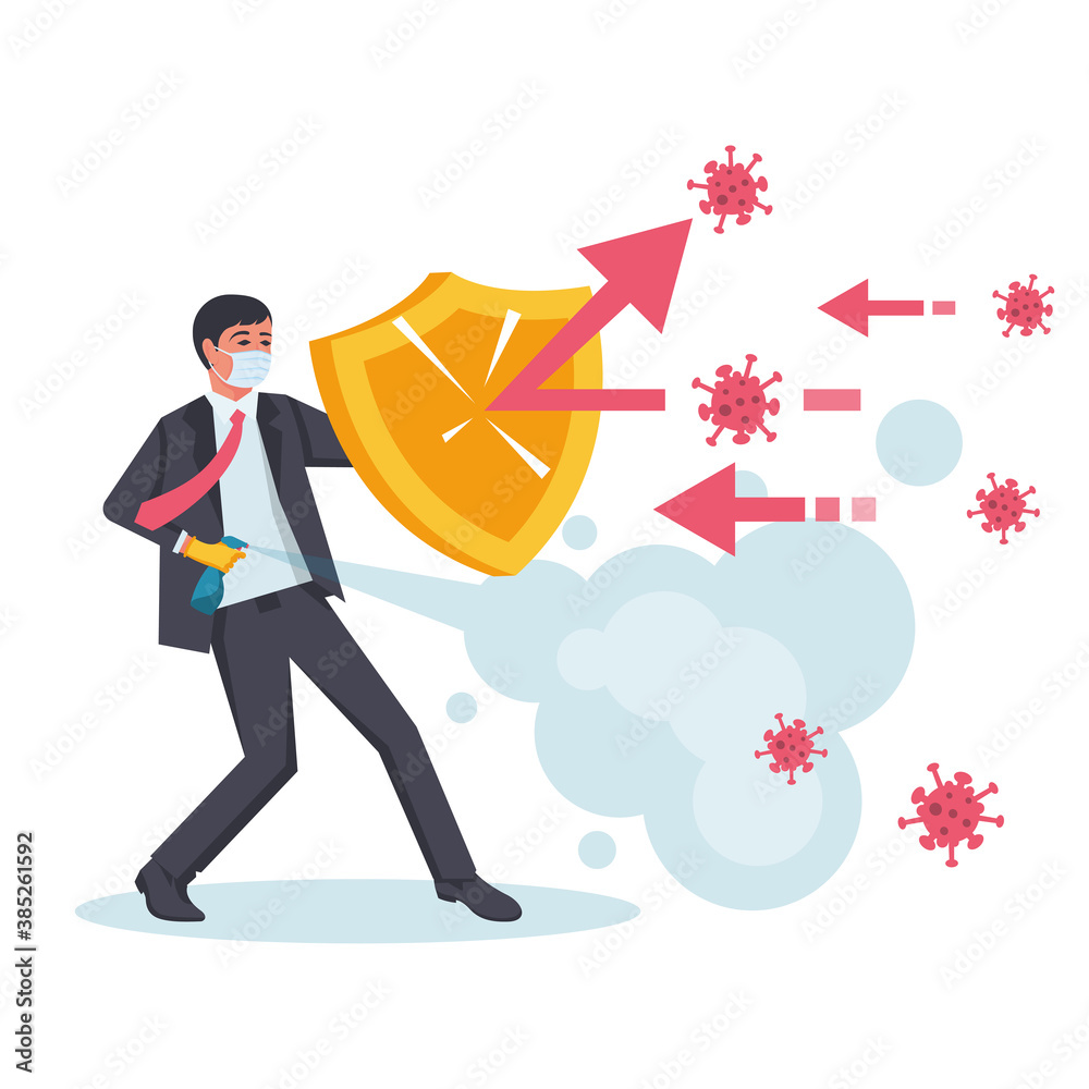Virus protection. Man in a mask with a protective shield from viruses and bacteria. The coronavirus is attacking. Reflecting an attack. Vector illustration flat design. Isolated on white background. Virus protection. Man in a mask with a protective shield from viruses and bacteria. The coronavirus is attacking. Reflecting an attack. Vector illustration flat design. Isolated on white background.