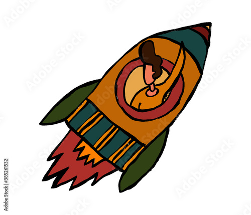 Startup and successful innovation business launch concept. Vector flat person illustration. Businessman character sit in rocket fly in sky. Rise arrow sign. Design element for banner, poster, web