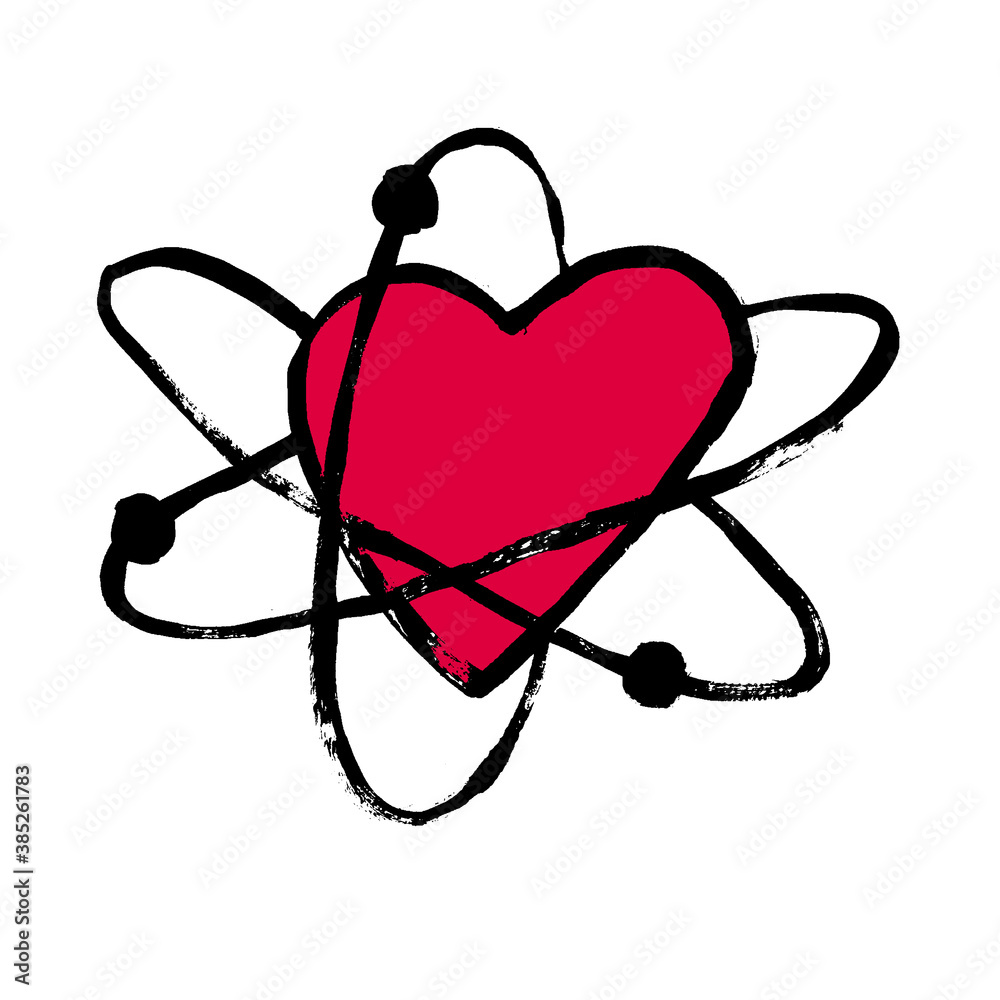 Atom with electrons in heart shape in flat cartoon design. Vector