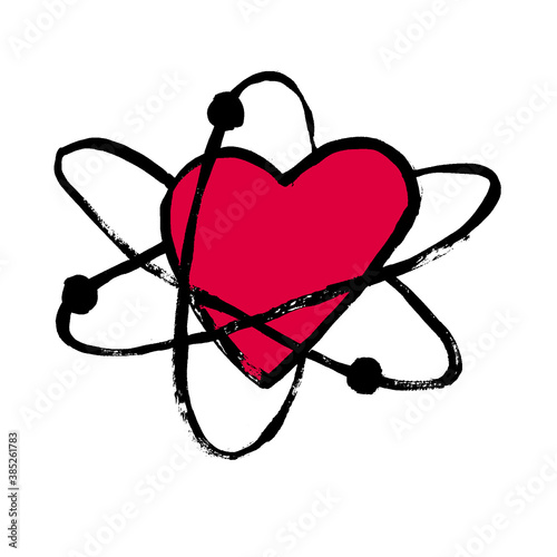 Atom with electrons in heart shape in flat cartoon design. Vector illustration. Symbol of the molecule or atom, isolated. Doodle grunge drawing. Energy sign. Chemical element symbol.
