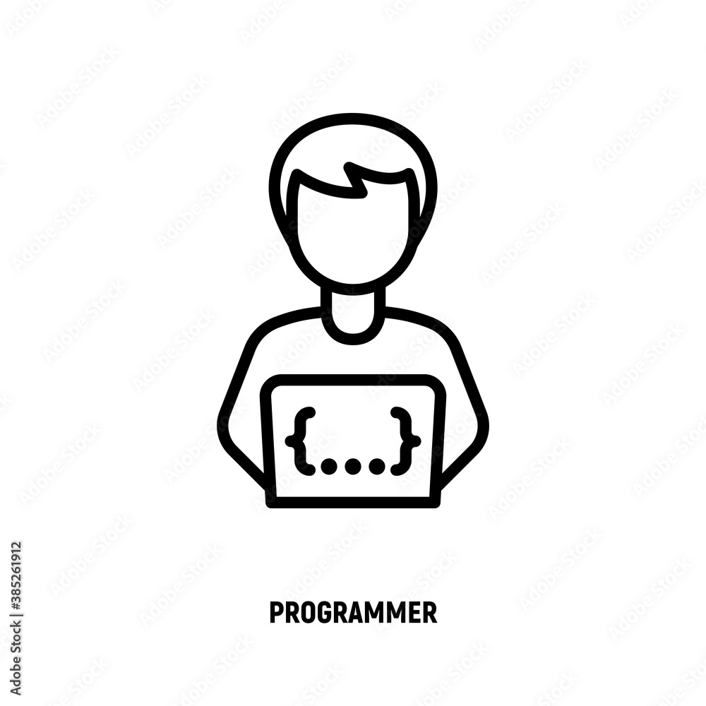 Programmer thin line icon. Coding on laptop. Freelancer, work at home. Vector illustration. Programmer thin line icon. Coding on laptop. Freelancer, work at home. Vector illustration.