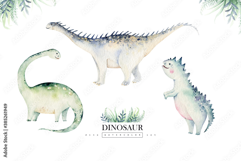 Cute cartoon baby dinosaurs collection watercolor baby shower invite, hand painted dino isolated on a white background for nursery poster decoration. Rex children funny art - obrazy, fototapety, plakaty 