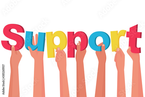 Landing page support. Word support. Group people holding colorful letter. Vector illustration flat design. Isolated on white background. Technical service banner template 24 7.