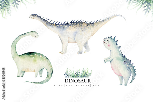 Fototapeta Naklejka Na Ścianę i Meble -  Cute cartoon baby dinosaurs collection watercolor baby shower invite, hand painted dino isolated on a white background for nursery poster decoration. Rex children funny art