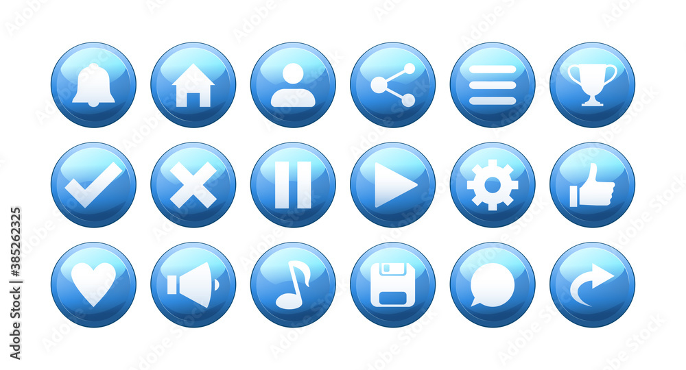 Set of cartoon shiny buttons for mobile games and apps. Blue volumetric icons for app interface. Set of cartoon shiny buttons for mobile games and apps. Blue volumetric icons for app interface.