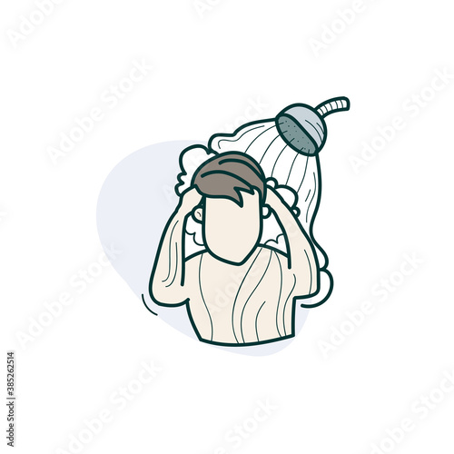 Shower taking color icon. Hand drawing sketch. Man washing himself. Morning hygiene ritual. Productive morning routine concept. Personal time management. Isolated vector illustration 