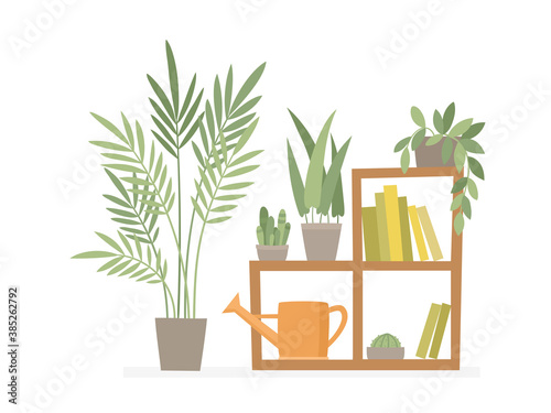 Trendy nordic home decor with plants in pots on shelf.