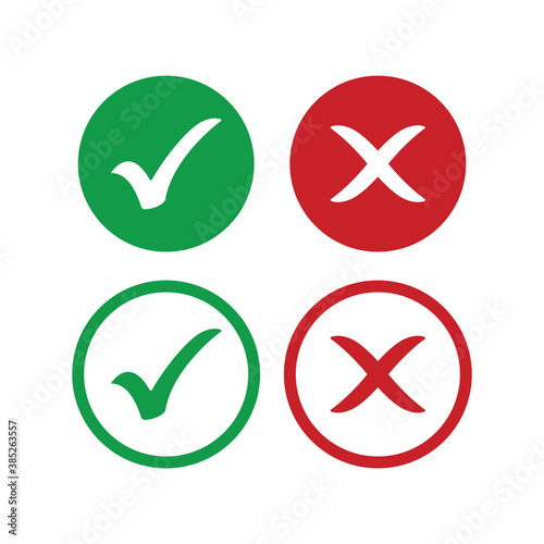 Set of check mark and cross icon in green and red color button