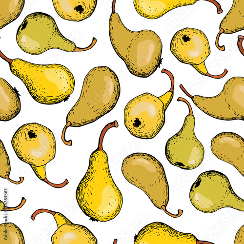 Drawn pears on a white isolated background. Fruit seamless pattern. esign for fabric, textile, wallpaper, packaging.