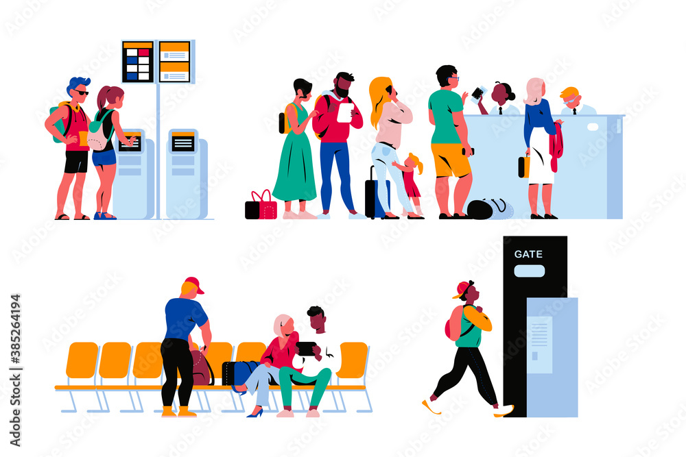 People in airport terminal waiting for the flight, going through passport control, registering online. Vector flat illustration.