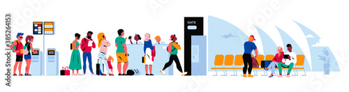 People in airport terminal waiting for the flight, going through passport control, registering online. Vector flat illustration.
