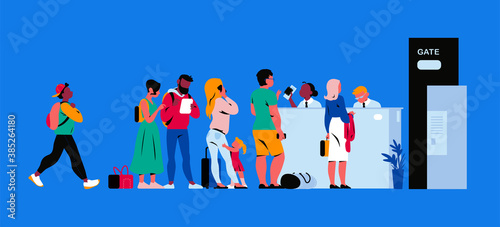 People in airport terminal registering for departure, waiting for the flight, going through passport control. Vector flat illustration.