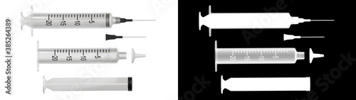 Separate parts of a 20ml vaccine syringe. Injection isolated on white with transparency alpha mask. Template for science, medical and healthcare purposes. 3D rendering.