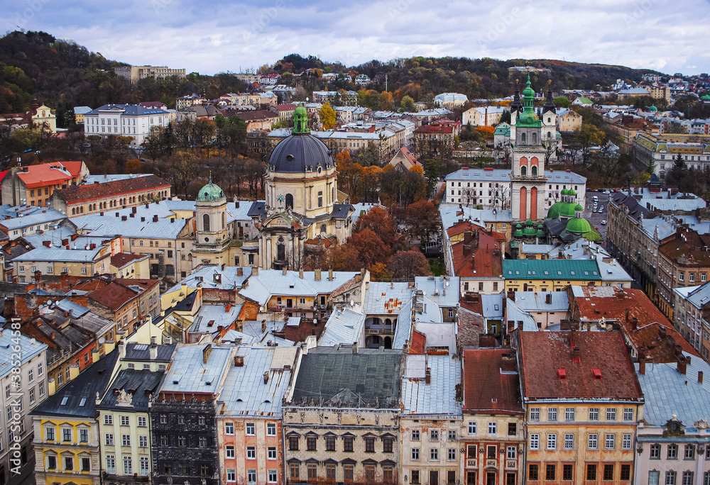 View of the city from the town hall. Lviv, Ukraine