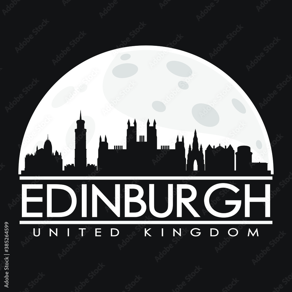Edinburgh Full Moon Night Skyline Silhouette Design City Vector Art Logo.