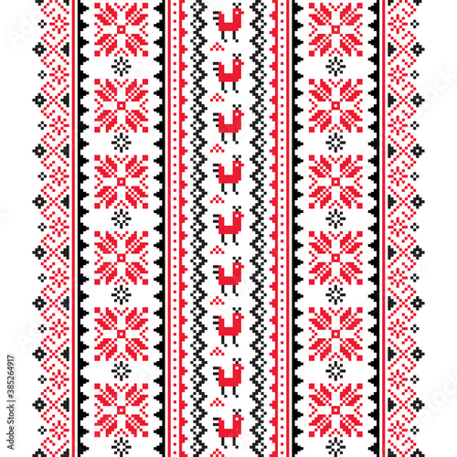 Ukrainian, Belarusian folk art vector seamless pattern in red and black, inspired by traditional cross-stitch design Vyshyvanka 