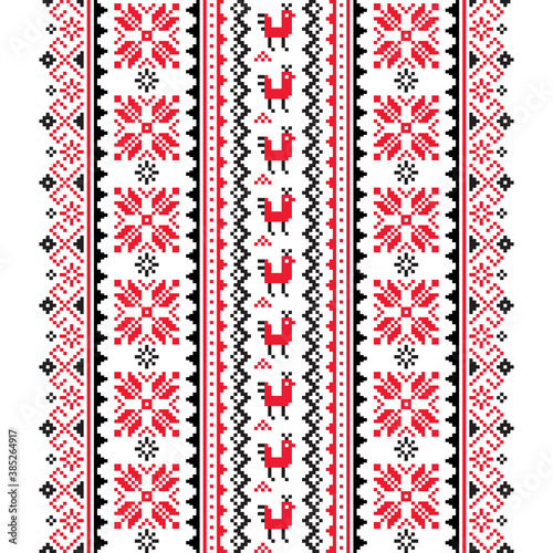 Ukrainian, Belarusian folk art vector seamless pattern in red and black, inspired by traditional cross-stitch design Vyshyvanka 
