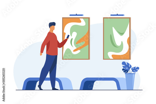 Man taking photo of paintings in modern art gallery. Flat vector illustration. Entertainment and leisure concept can be used for presentations, banner, website design, landing web page