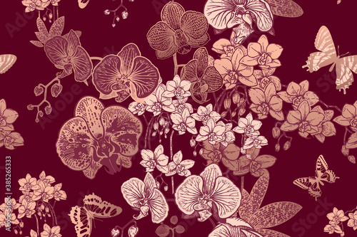 Floral seamless background with tropical flowers orchids and butterflies. Vector.
