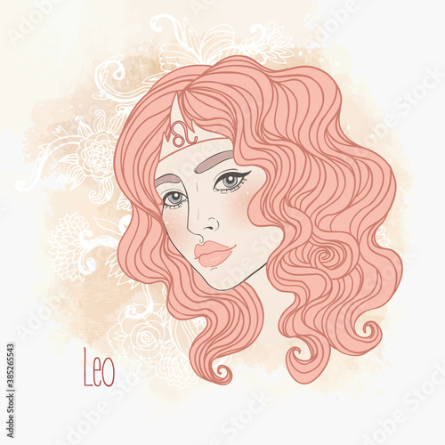 Zodiac Illustration of Leo astrological sign as a beautiful girl. Vector art. Vintage boho style fashion illustration in pastel shades.