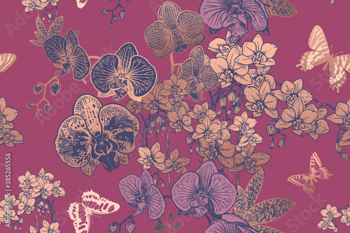 Wallpaper Mural Floral seamless background with tropical orchids and butterflies