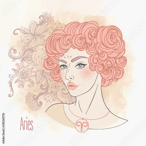 Illustration of Aries astrological sign as a beautiful girl. Zodiac vector drawing isolated in pastel shades. Future telling, horoscope, alchemy, spirituality. Coloring book.