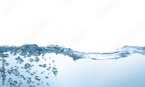 Water splash Aqua flowing in waves and creating bubbles Drops on the water surface feel fresh and clean isolated on white background