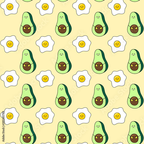 Vector abstract seamless pattern with green avocado fruit character and fried egg on light background